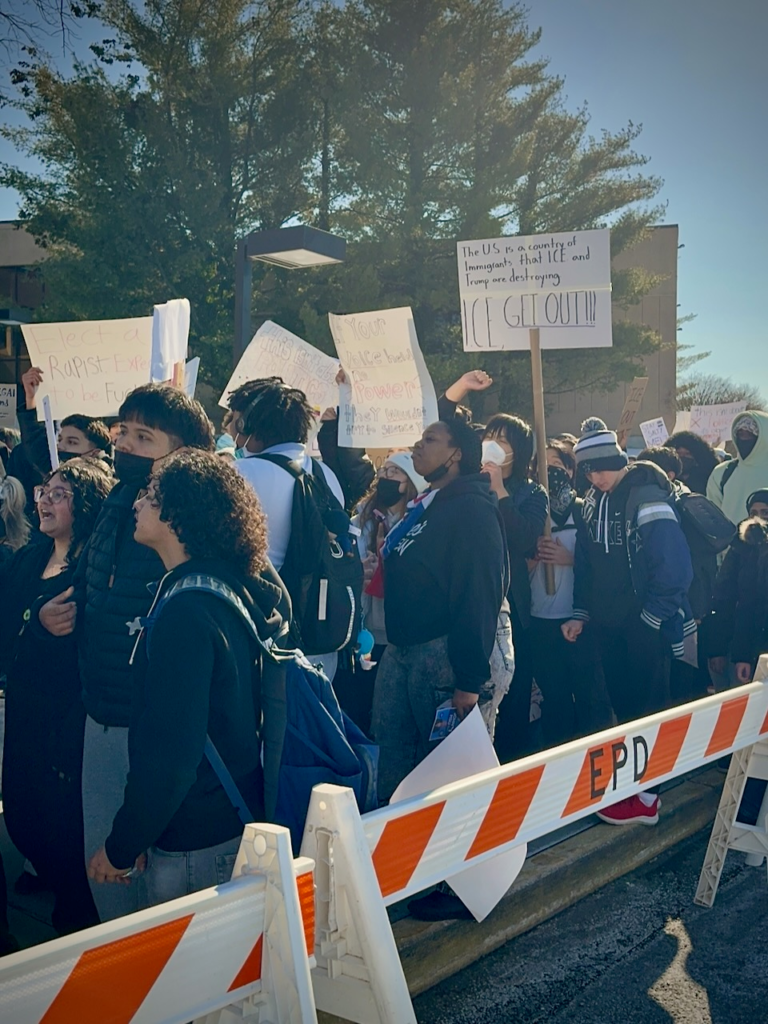 Edison High School students gather outside the municipal building during a rally protesting ICE enforcement